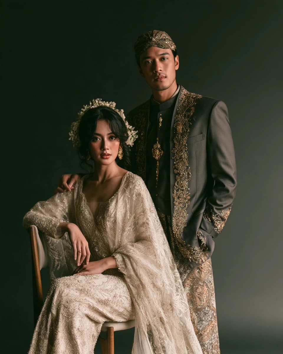 Sekar duduk di kursi kayu, Arya berdiri di belakangnya