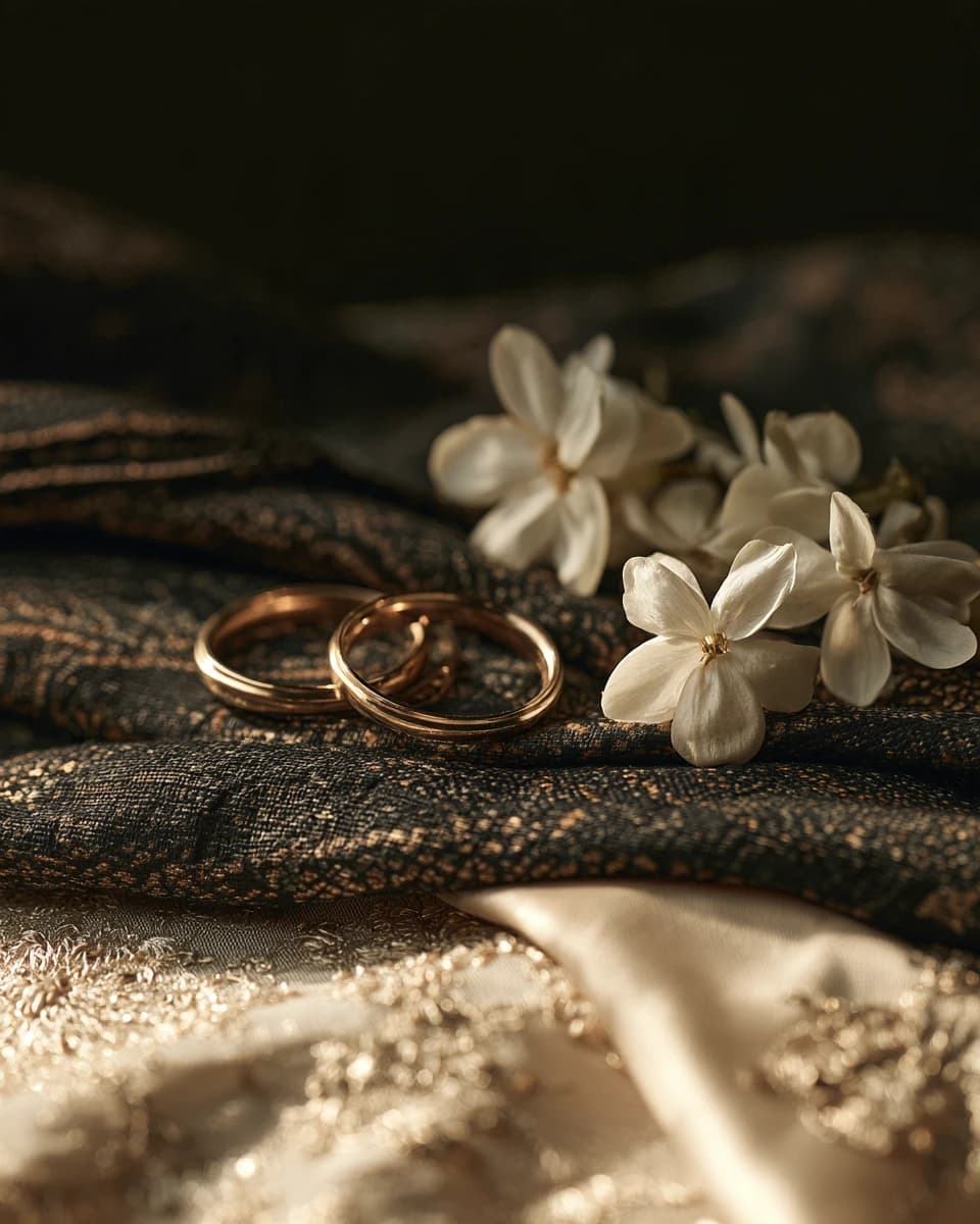Sepasang cincin emas di atas kain batik bersama bunga melati